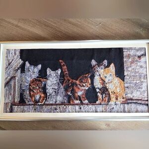 Framed Cross-stitch Artwork Six Barnyard Kitties Vintage #35133 16” x 8.5”